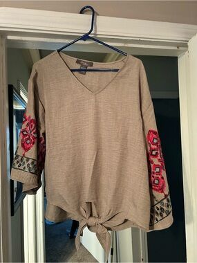 Embroidered Tie-Front Taupe Tunic Top
